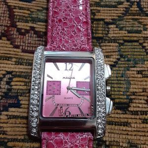 MAGNA pink wrist watch rhinestones watch case 2X2 band 10"